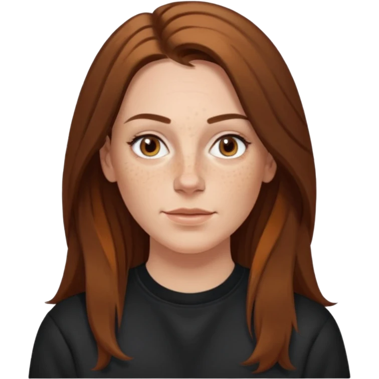 A 38 year old white woman with long brunette hair parted in the middle. She has a nose ring. She has brown eyes. She has freckles and is wearing a black sweatshirt emoji