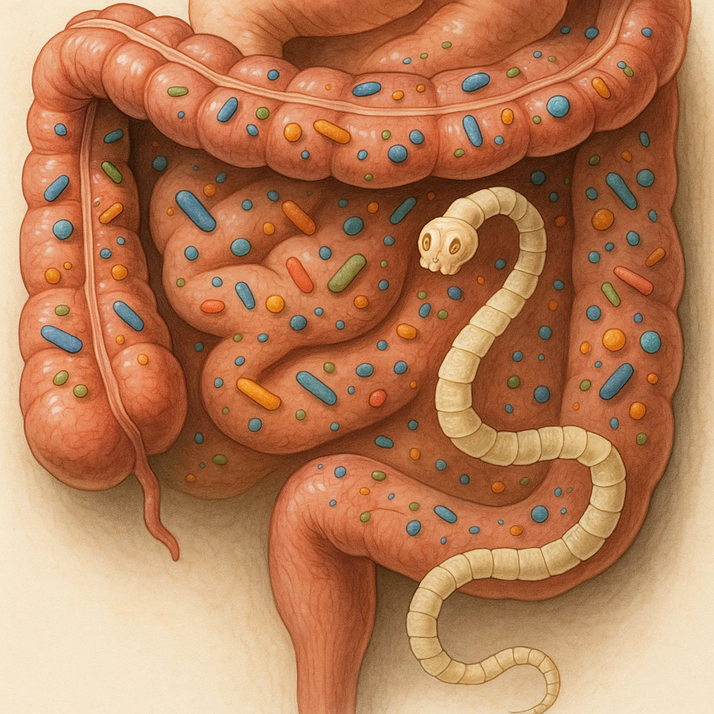 a medical illustration of a human realistic gut with bacteria and parasyte (tenia) emoji