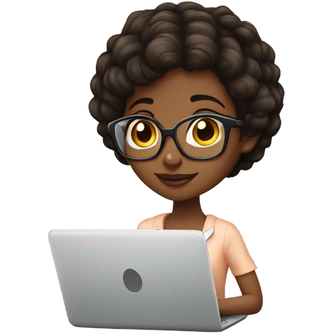 pretty pixie graphic designer Short straight hair african american brunette ith laptop emoji