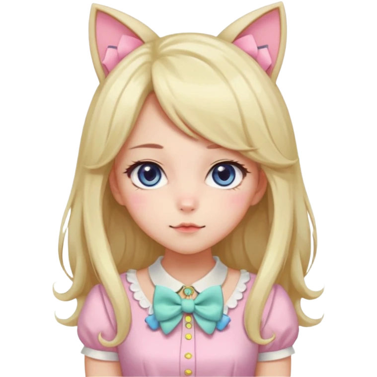 Gorgeous spectacular epic realistic anime-styled smooth soft shiny romantic pastel anime style lady with blushing cheeks, cat ears, long beautiful luscious stylish hair, big pretty eyes, cute colorful pastel dress and skirt and bow ties, and necklace emoji