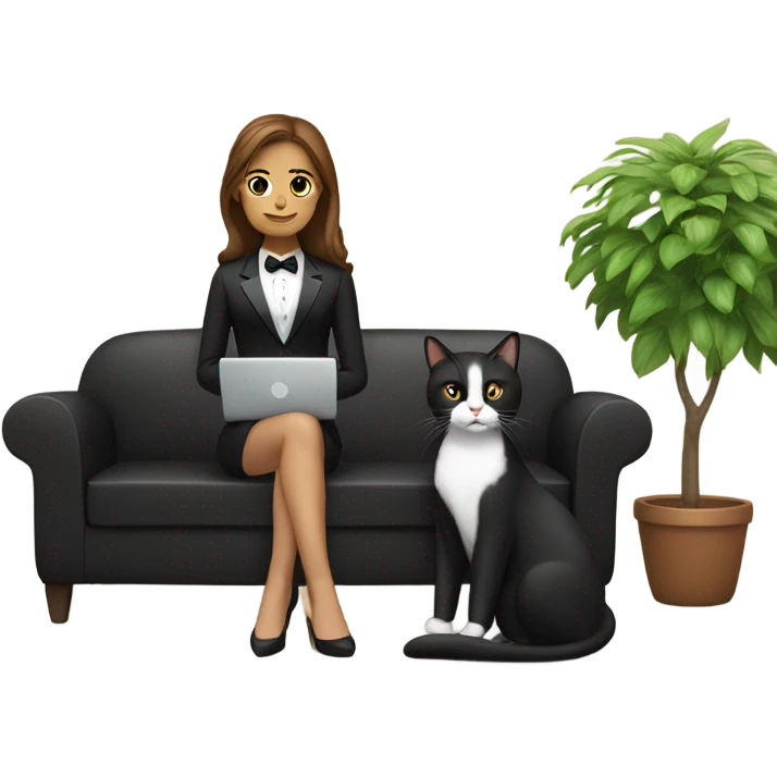 Light skinned woman with brown hair sitting on the couch laptop on her lap next to small black and white tuxedo cat emoji