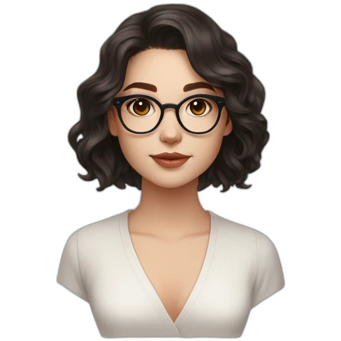 Beautiful white skin teenage girl very long wavy dark flax colored hair amber eyes rose gold round glasses white shirt black robe emoji