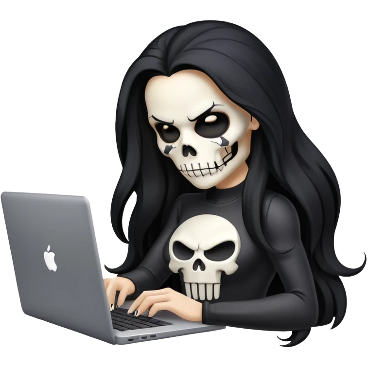 female Punisher skull with long flowing black hair working on a laptop emoji