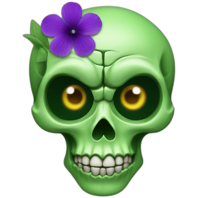 Green skull with purple flower coming out from eye socket emoji