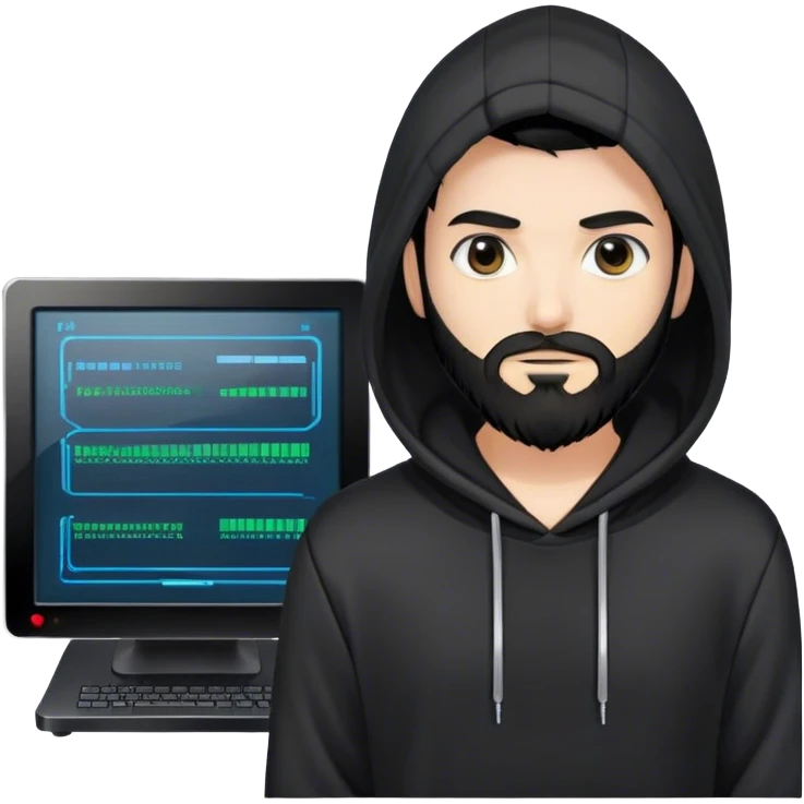 hackeur blanc cheveux noir barbe et capuche noir à côté d'un server ia emoji