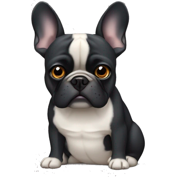 Black French bulldog X pug frowning face grey chin floppy ears and bottom teeth showing  emoji