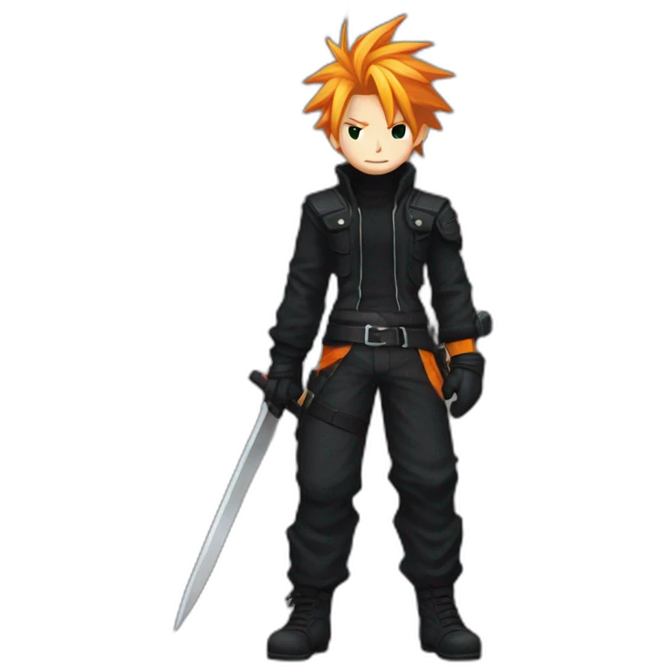 cloud strife  with orange hair. Black clothes full body with Buster  emoji
