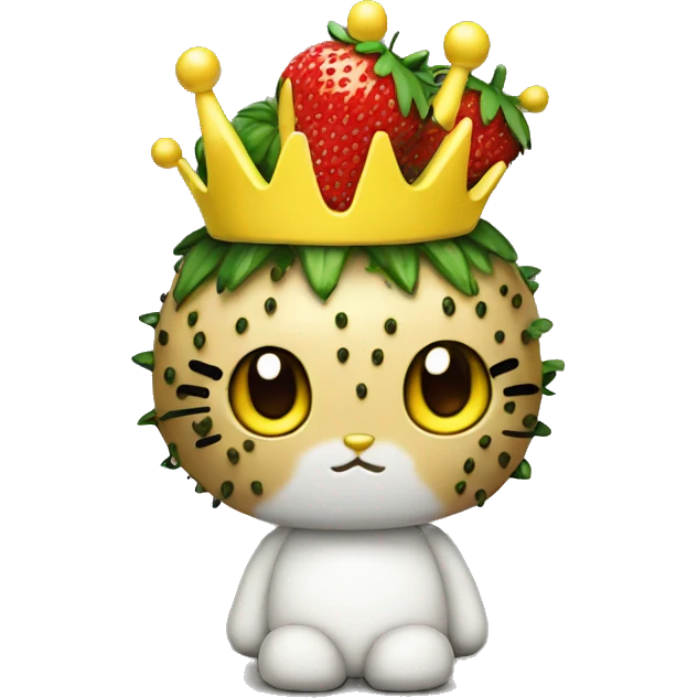 Hello kitty as a black strawberry with yellow seeds and a crown emoji