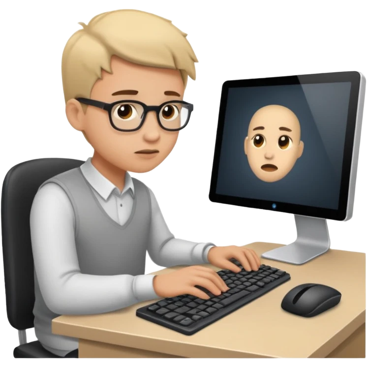 young programmer working at the computer, nervous emoji