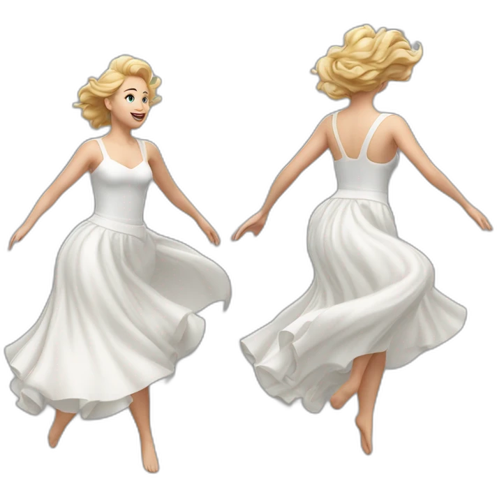 Hyperrealistic Full body Caucasian curvy beauty jumping white skirt back and front views strong wind emoji