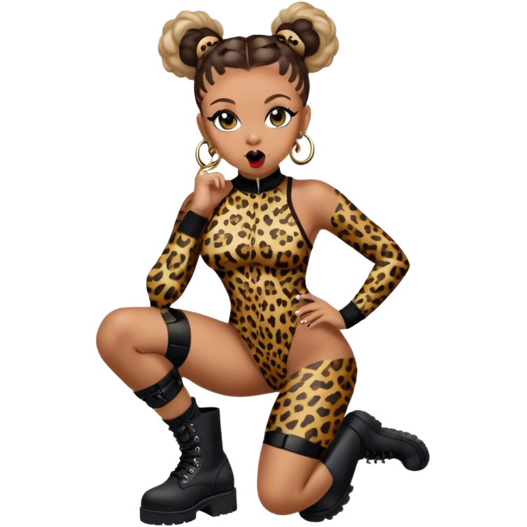 Melanie Brown with her hair in space buns and wearing a tight leopard print bodysuit and black combat boots, showing her tongue ring emoji