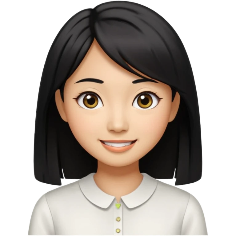 30 yr old asian woman center parted hair big eyes big smile tanned skin straight black hair hippie part hair white blouse shoulder length hair middle parted hair few short bangs at front emoji