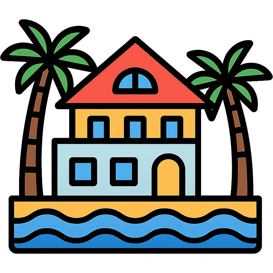luxury mansion, tropical villa, palm trees, ocean view, icon style emoji