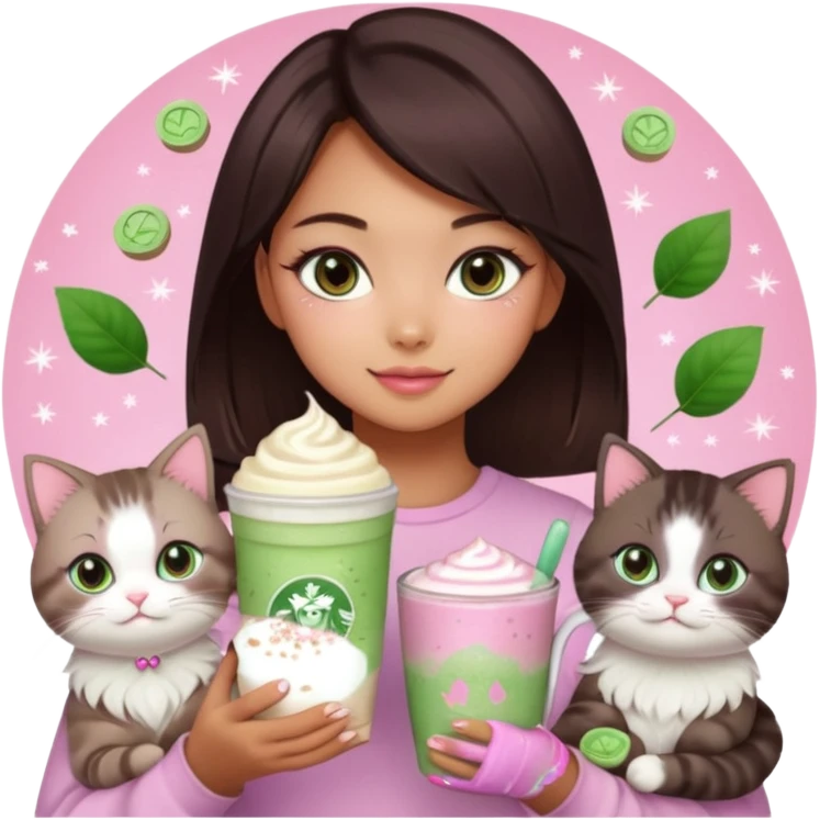asian girl with shoart dark brown hair with a soft girl pink glowup aesthetic. matcha latte sparkles girly things, 2 ragdoll cats, skincare, makeup, money, luxury emoji