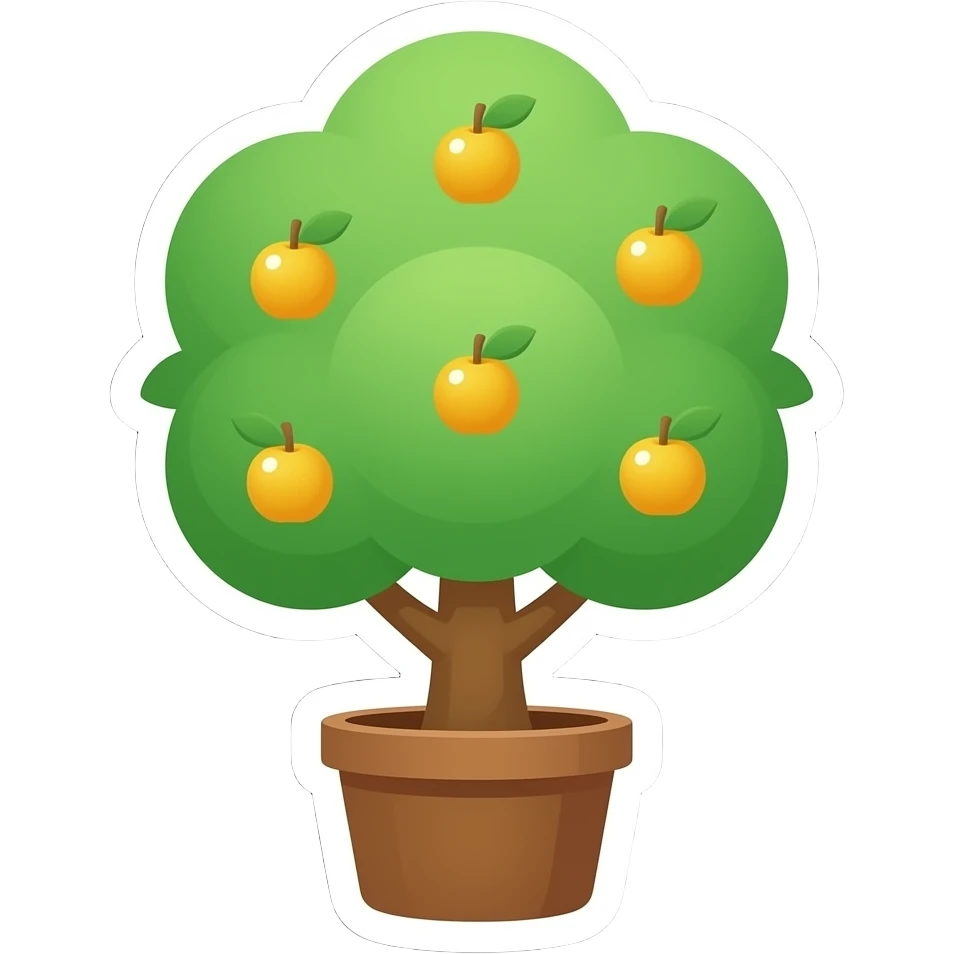 Apple-style money tree, round soft green canopy. No pot, no ground — only the tree. Small gold coins as fruits inside the leaves. Flat 2D vector, clean shapes, no gradients. Dark near-black background, premium fintech icon. emoji