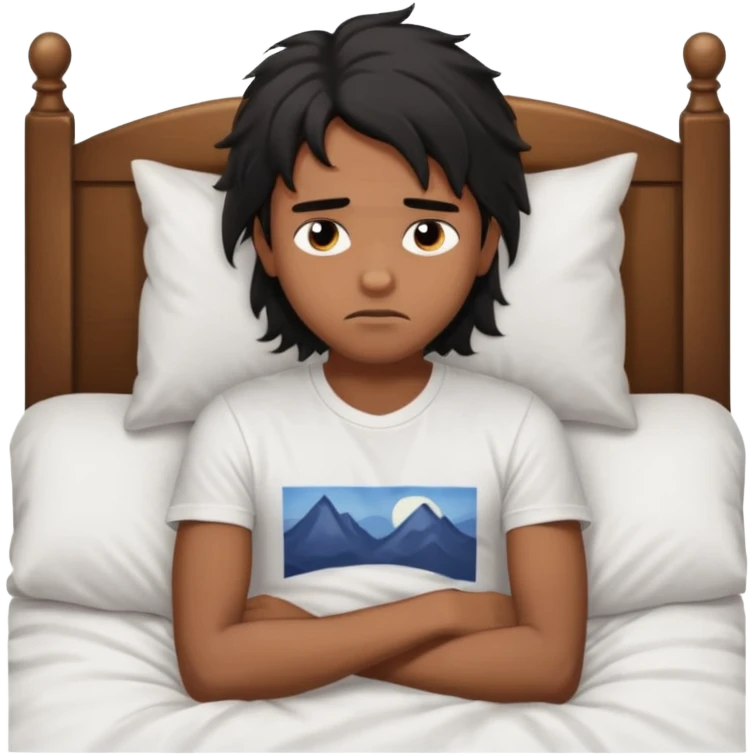 generate a pretty bratz brown skinned boy with black messy long hair wearing a white tshirt sitting in his in bed. Looking sleepy emoji