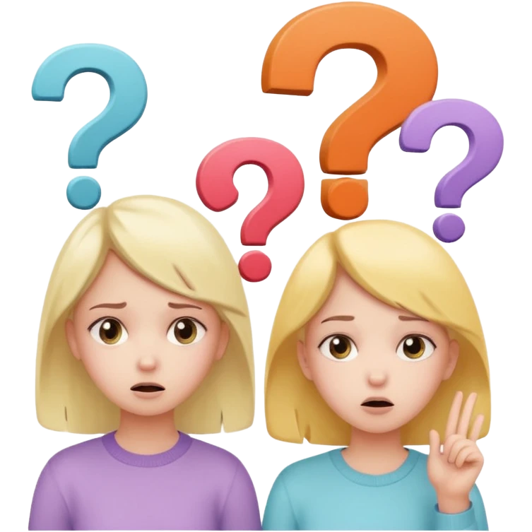 

 
Two girls are talking; one looks confused with question marks above her, while the other explains something. The illustration has a cute pastel style. emoji