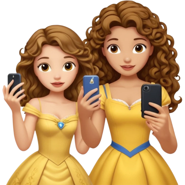 Haz un dos chicad una la princesa Bella de Disney y la otra uo con el pelo rizado largo haciendose un selfie como si et UVI ETB en el perquè de isney emoji