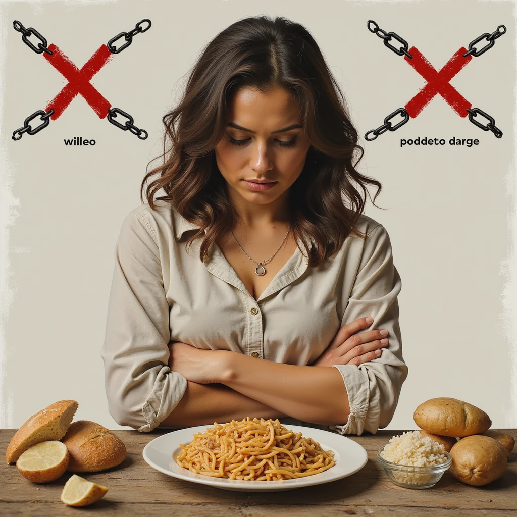 realistic style woman with crossed arms, face turned away, in front of a plate with bread, pasta, rice, and potatoes, symbols of refusal including a red Italian X and chains, Italian text if present emoji