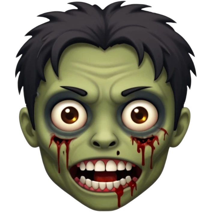 Brown-skinned zombie with messy black hair, wide centered brown eyes, dark bloody marks under the eyes, and a slightly open mouth showing crooked teeth grillz, giving a distressed, undead look. emoji