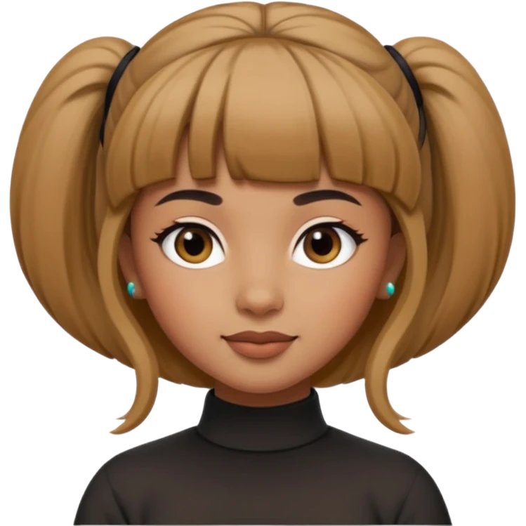 In Apple Memoji format, a girl with bangs and her hair in a bun. The girl has light brown skin and arab ethnic features emoji