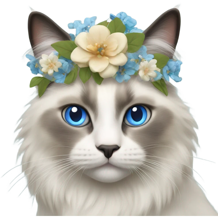 Realistic ragdoll cat with blue eyes wearing flowers  emoji