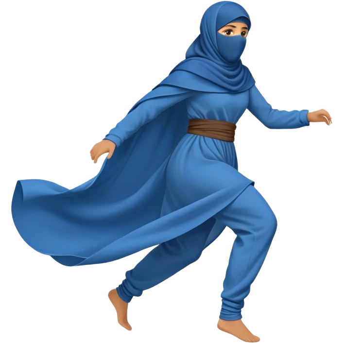 person in a blue niqab with billowing, loose clothing, running, side view emoji