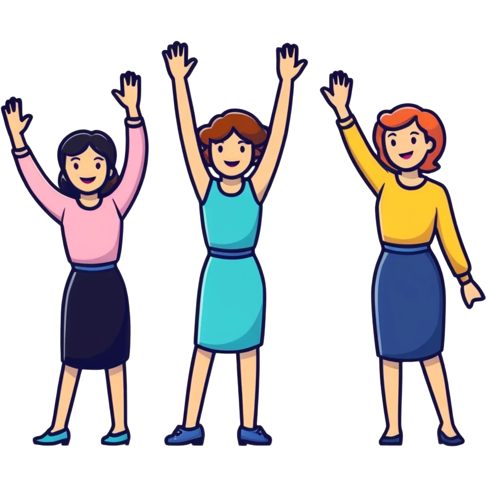 group of happy women, stylishly dressed, raising their hands emoji