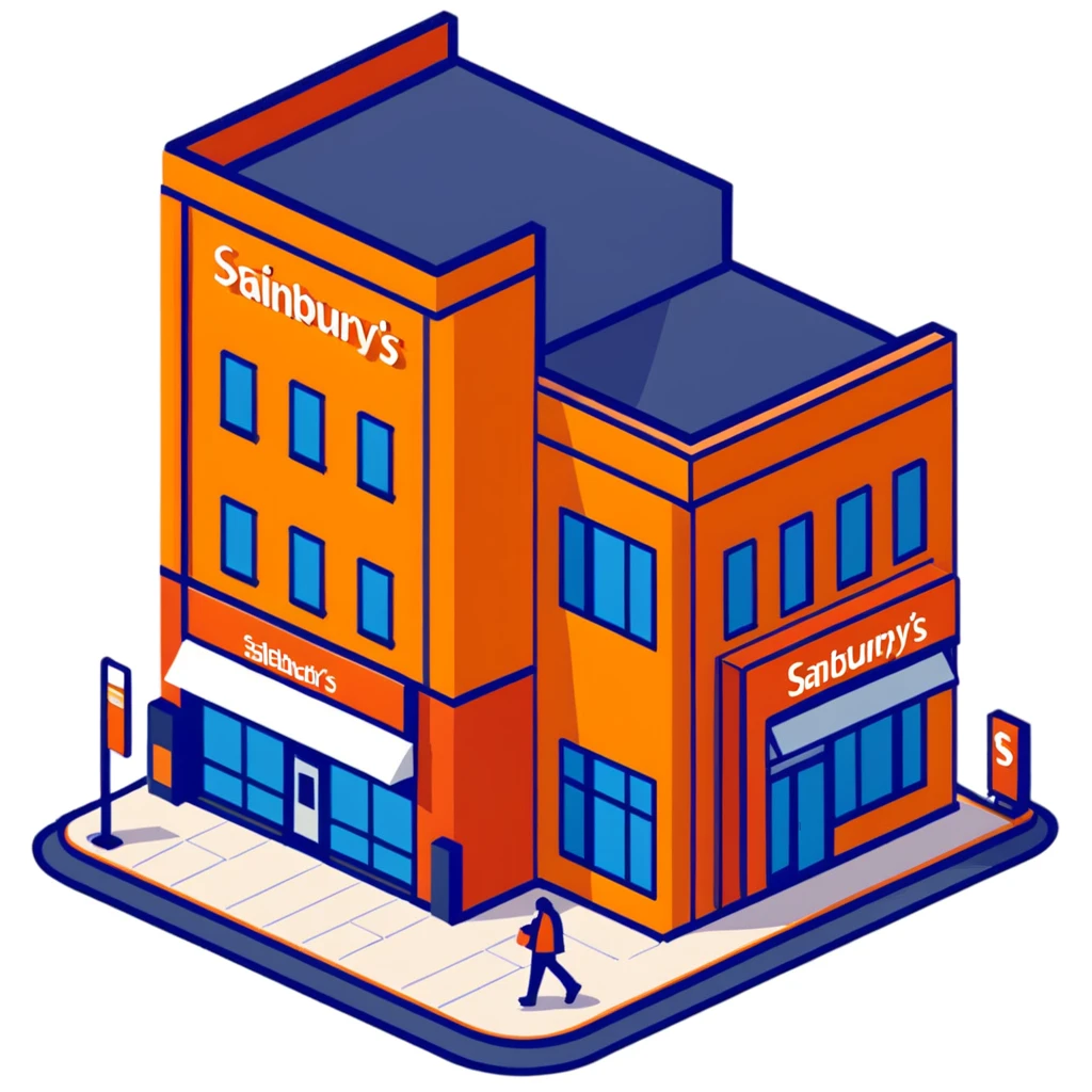 Isometric Sainsbury's Local smaller format store with orange facade, ATM outside, and pedestrians with shopping bags emoji