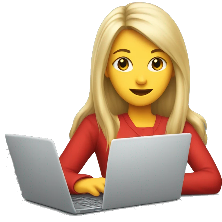 Young white woman in red, long blonde hair with bang, writing on laptop emoji