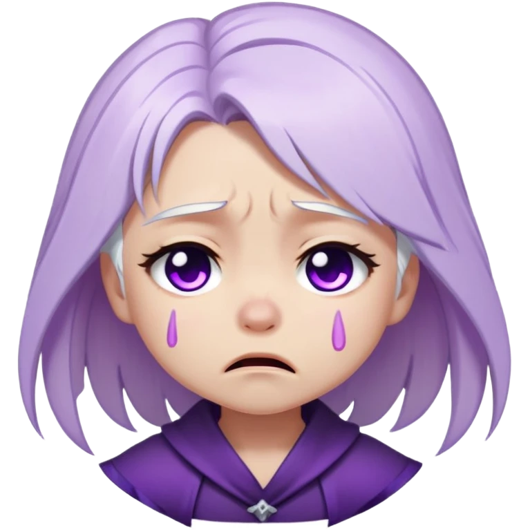 Chibi Sable Ward crying, teary eyes, pouty mouth, tears falling, white hair with purple streaks, fully purple eyes, sad expression emoji