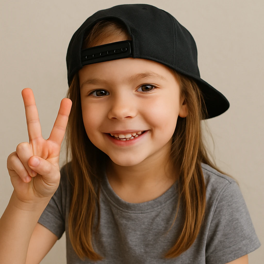 ninka in a snapback, making a peace sign emoji
