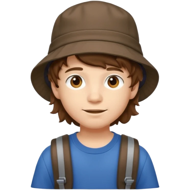 a young student boy with the backpack with bucket hat, brown wavy hair emoji
