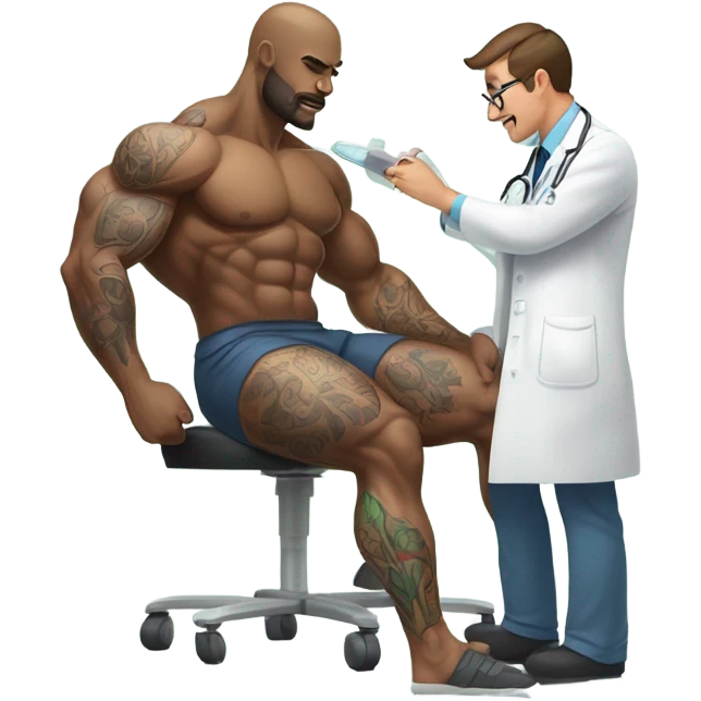 Body builder tattoo doctor inspecting leg emoji