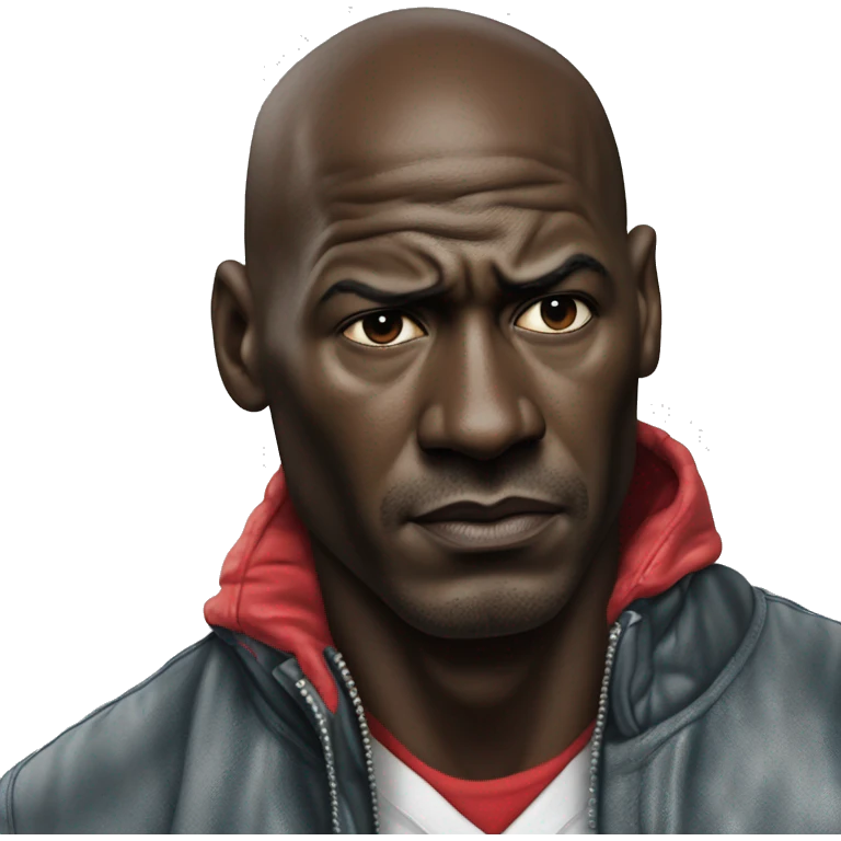 Michael Jordan in a jacket holds his head and is sad photorealistic serious emoji