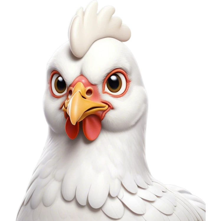 Cinematic Noble White Chicken Portrait Emoji, Poised and regal, with a compact, sturdy build and a pristine, well-groomed pure white plumage, deep-set soulful beady eyes, Simplified yet sharp and sophisticated features, highly detailed, glowing with a soft, dignified glow, high shine, intelligent and alert, stylized with an air of barnyard elegance, focused and attentive, soft glowing outline, capturing the essence of a watchful and confident fowl, so majestic it feels as though it could strut out of the screen with effortless authority! emoji