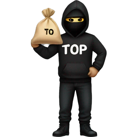 Thief wearing all black clothes stealing a money bag with the words Top Tier stitched in it emoji