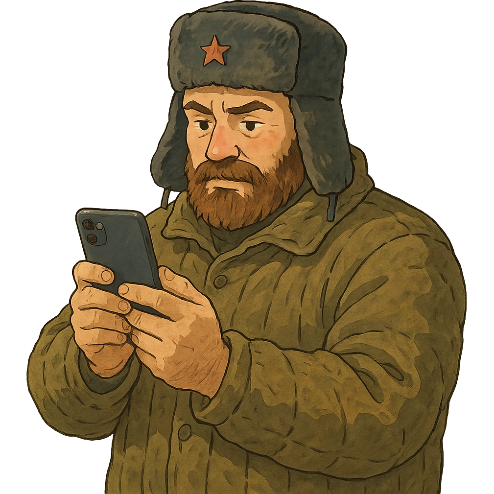 ghibli style illustration of a Russian military blogger in ushanka and vatnik, holding a phone emoji