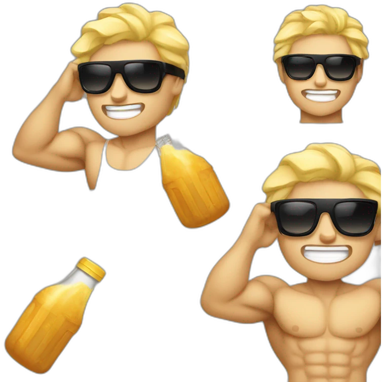 Muscular blonde boy with sunglasses and a proteins shake emoji