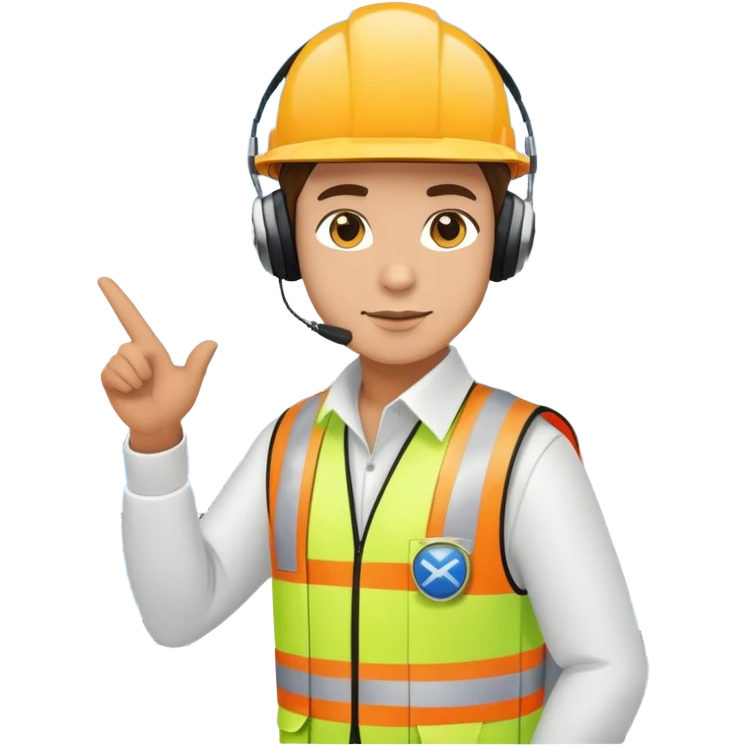 ramp agent at airport wearing reflective vest and headphones, directing aircraft emoji