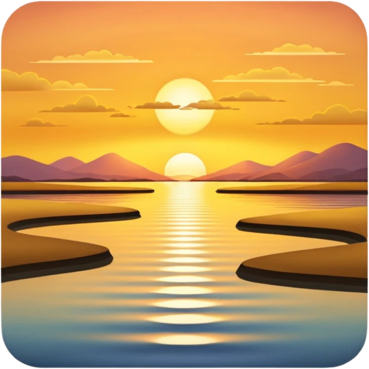 A 3D cartoon sunset over an estuary, golden reflection on calm water, scenic and peaceful, Memoji-style. emoji