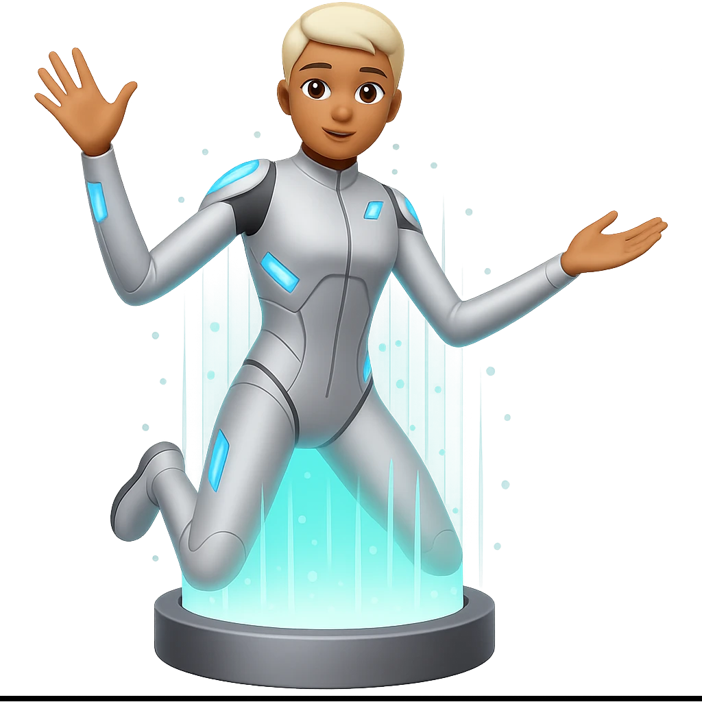 Make the background fully transparent while keeping the person teleporting and machine in an emoji style. emoji