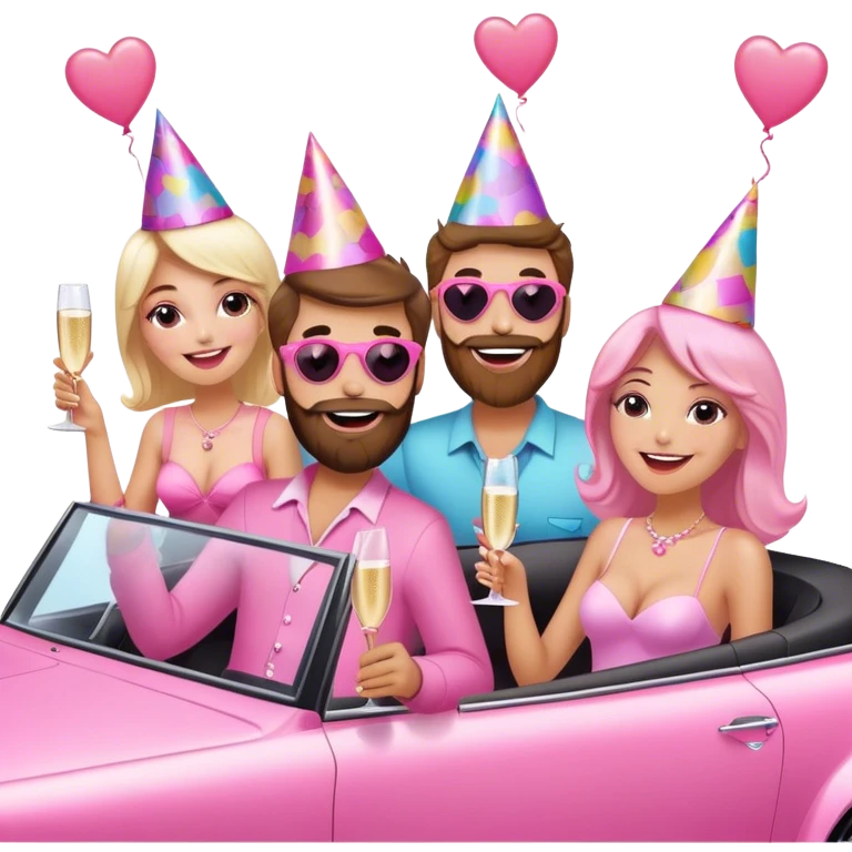A bearded man and three women in a pink convertible with hearts blowing behind it emoji