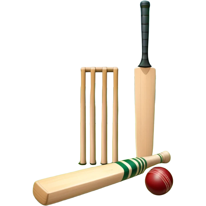 A cricket bat and ball resting on a well-manicured pitch, with the stumps and bails in the background. The scene emphasizes the traditional elements of the game, with the bat poised for a shot and the field reflecting a calm, competitive atmosphere. emoji