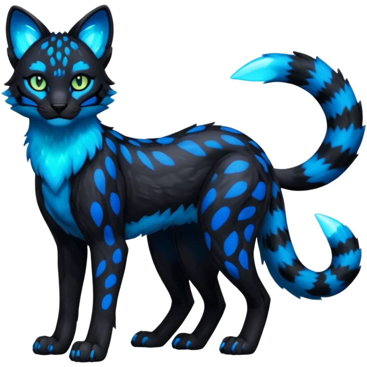 Realistic Obsidian-pitch-black fur body with neon-glowing-blue ring-markings Grem2-Gremz-serval-panther-Sergal-fusion, full body  emoji