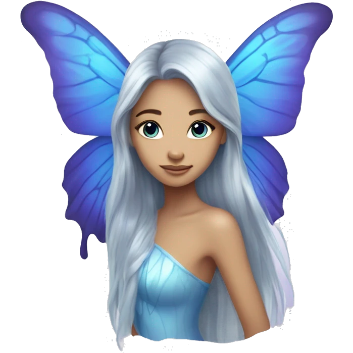 Beautiful, blue flower, fairy, blue, silver, purple, long hair, big butterfly wings emoji