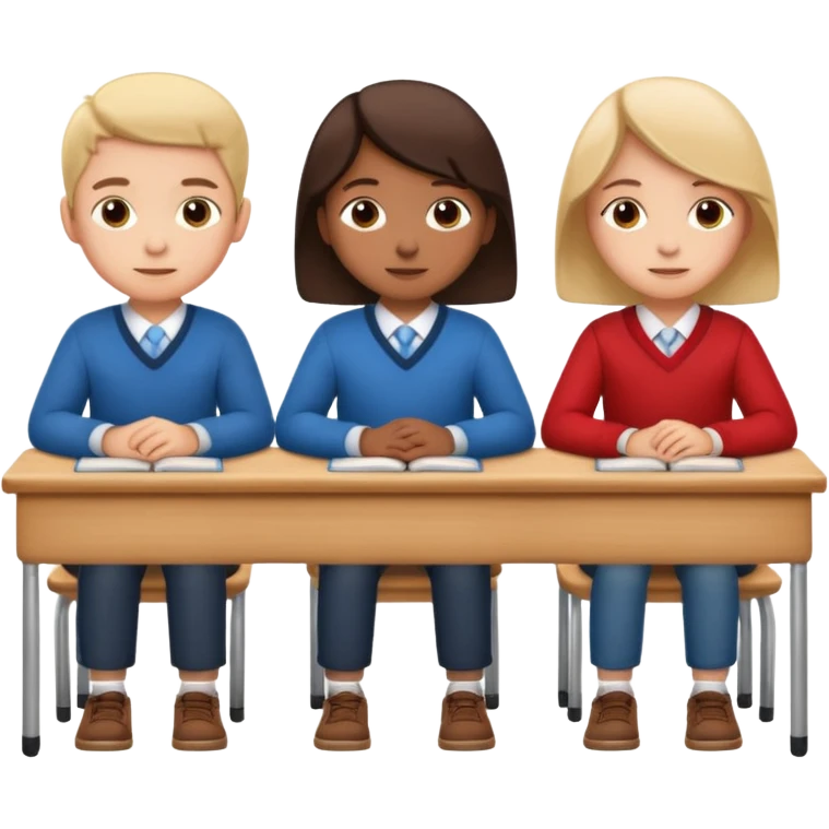 three school children sitting in a row behind their school desks emoji