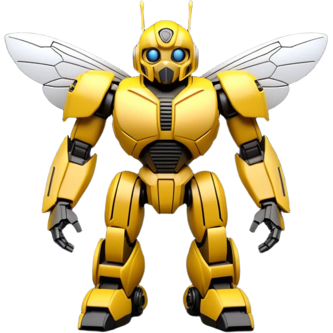 Clean 3D printable robotic bumblebee character, Bumblebee Transformers inspired design emoji