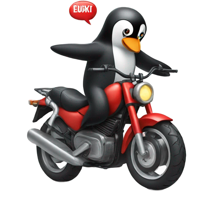 A penguin riding a motorbike making a rock sign like Spider-Man emoji