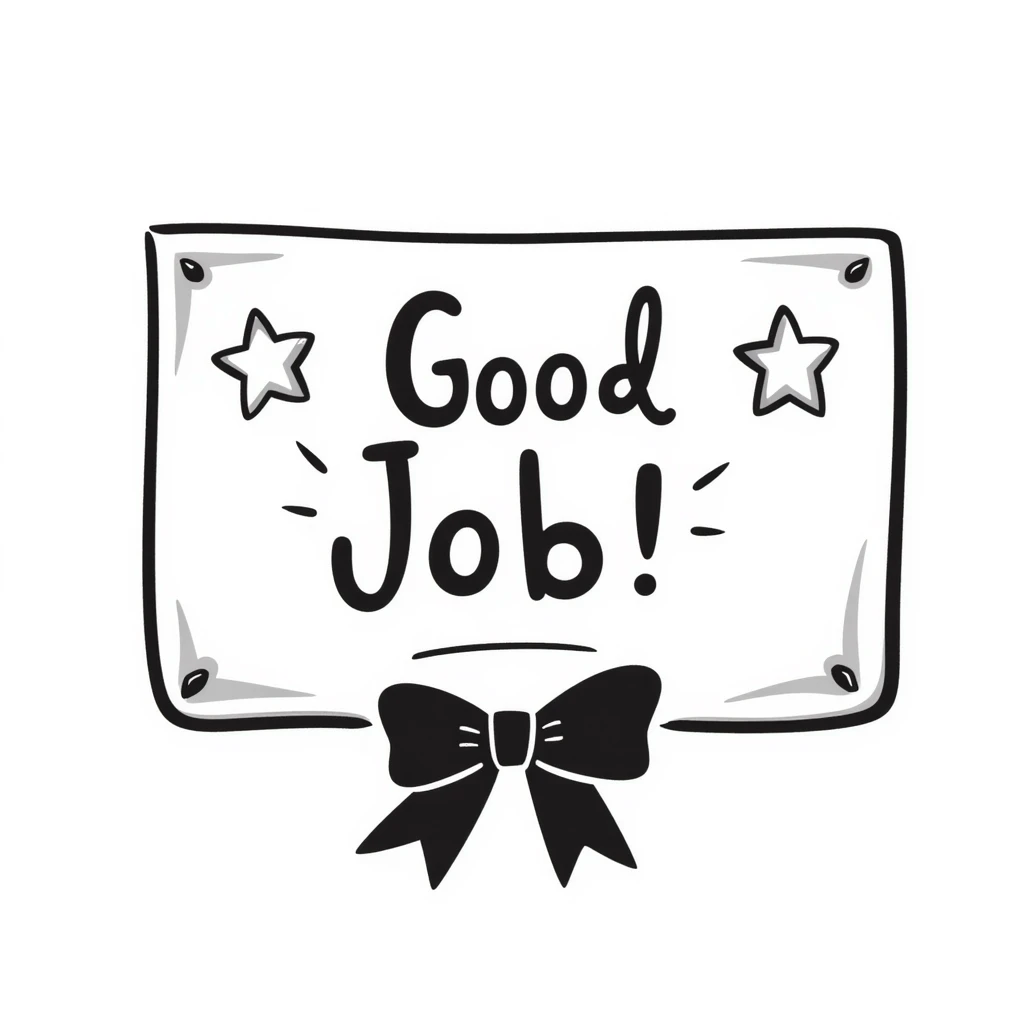 Award certificate with ribbon, "Good Job!" text, and shining stars in the corners emoji